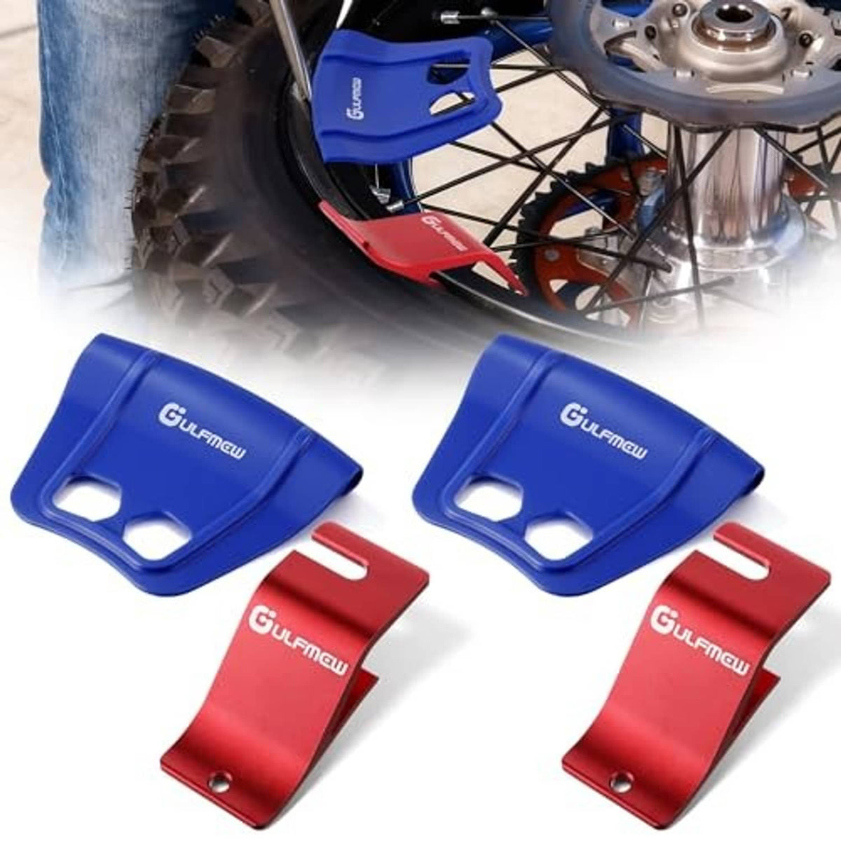 Blue rim shield protectors and red tire bead holder hooks for motorcycle tires