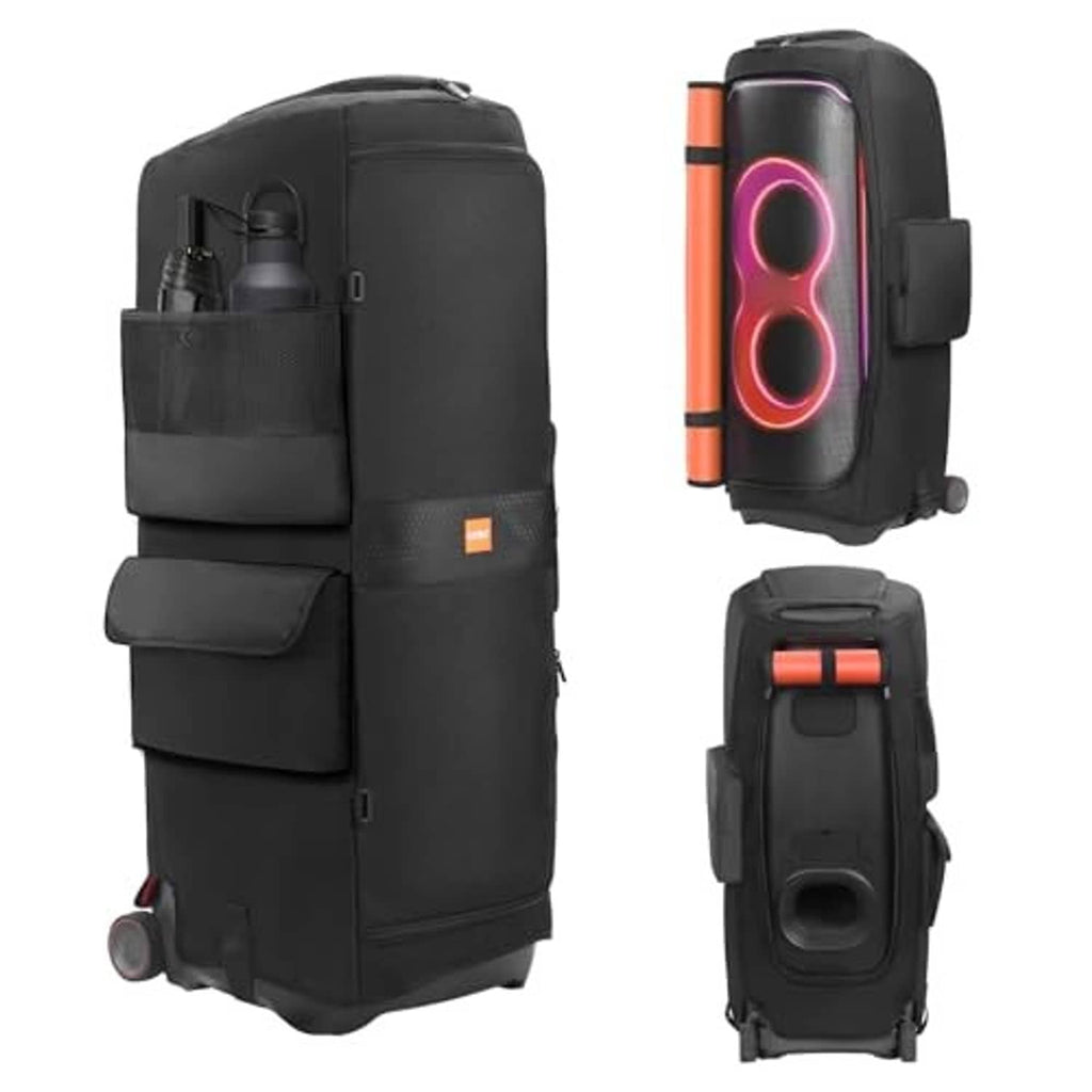 Black speaker bag with side handle, front pocket, and visible wheel at base