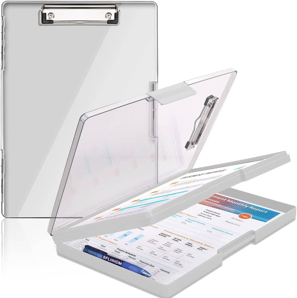 Heavy-duty 8.5x11 clipboard with storage, open transparent panel holding documents