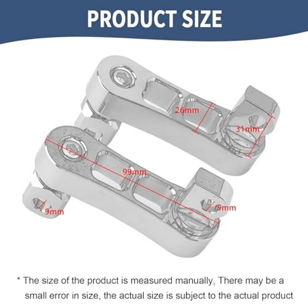 Black adjustable foot peg extension mounts showing measurement layout and hole locations