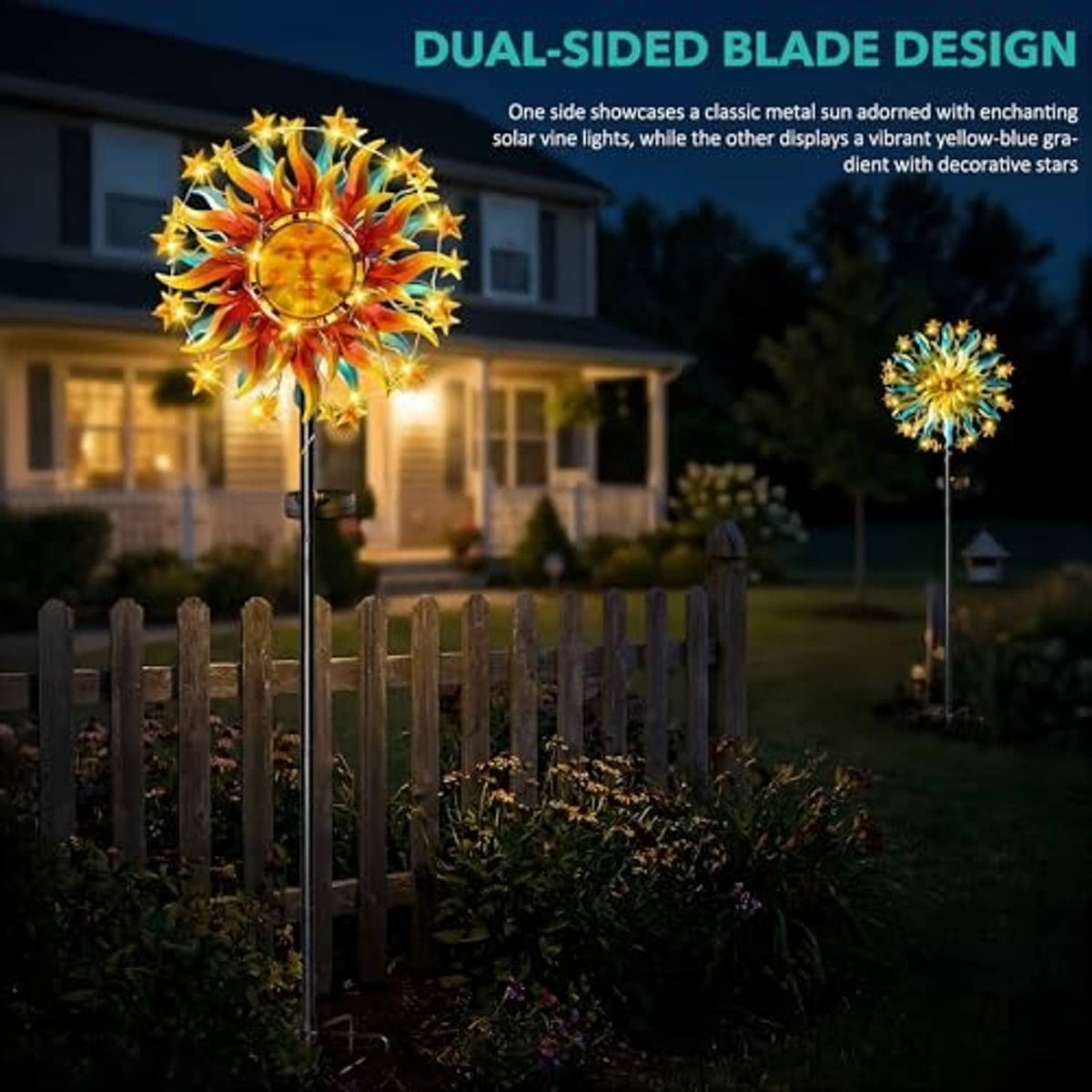 Solar sun wind spinner with dual-color rays and warm lights on outdoor yard stake.