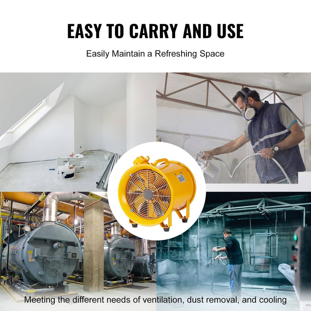 Yellow portable extractor fan blower on legs with attached duct outlet