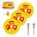 9/16-inch cut-off disc set with yellow abrasive wheels, red labels, and two mandrels