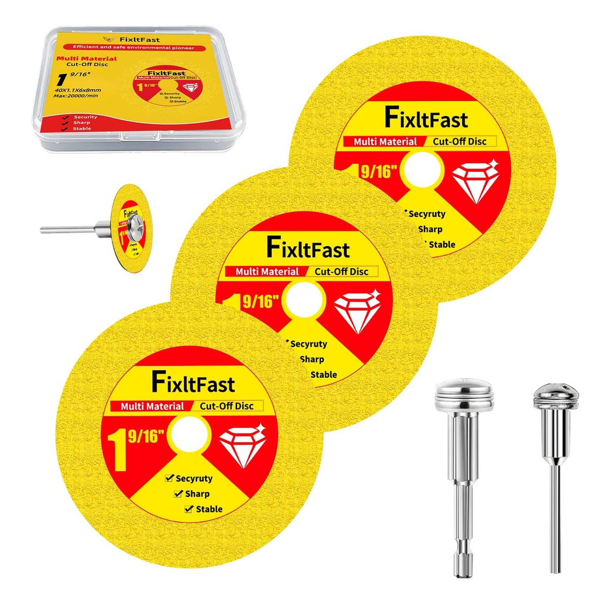 9/16-inch cut-off disc set with yellow abrasive wheels, red labels, and two mandrels