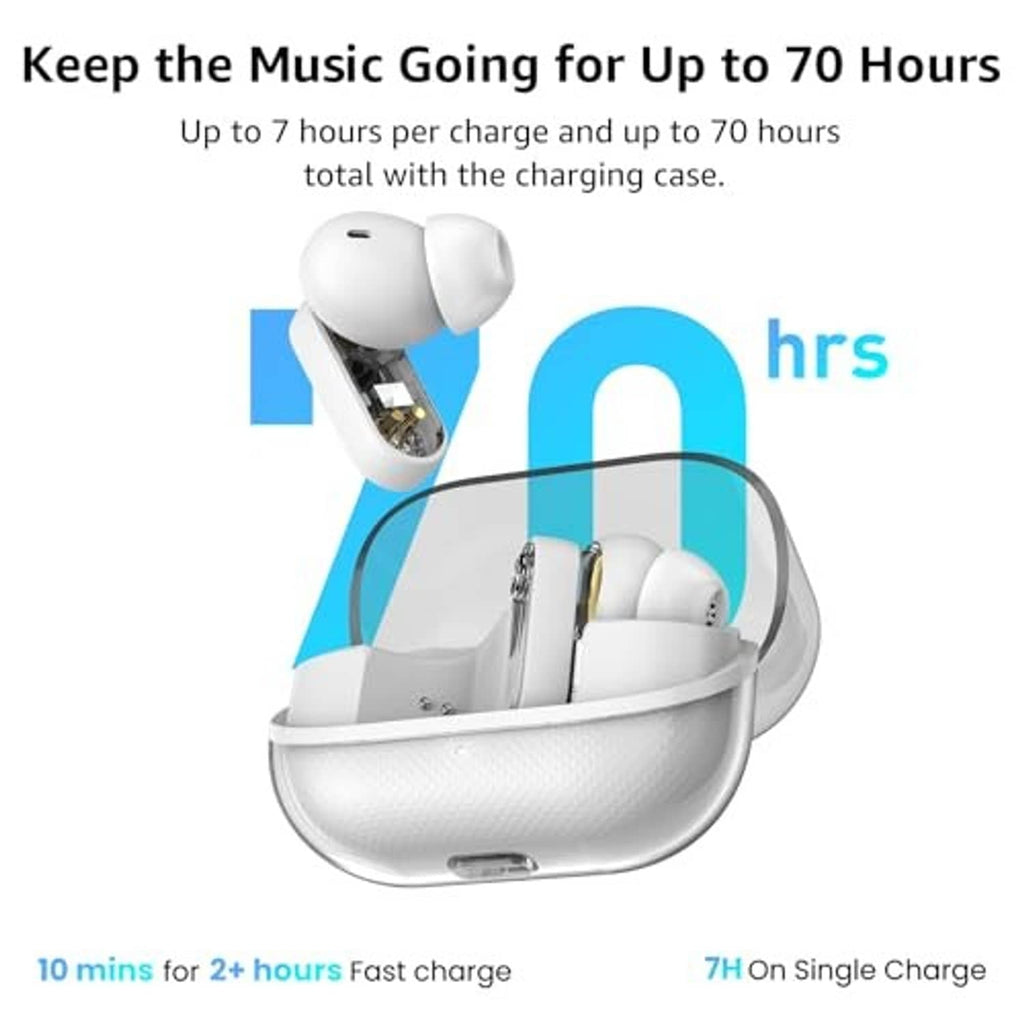 White wireless earbuds sitting in charging case, showing compact charging dock