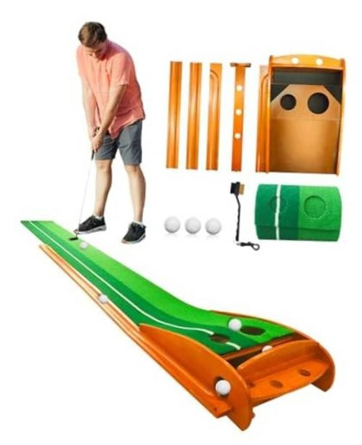IDEASKY golf putting mat with green turf, orange frame, built-in ball return and holes