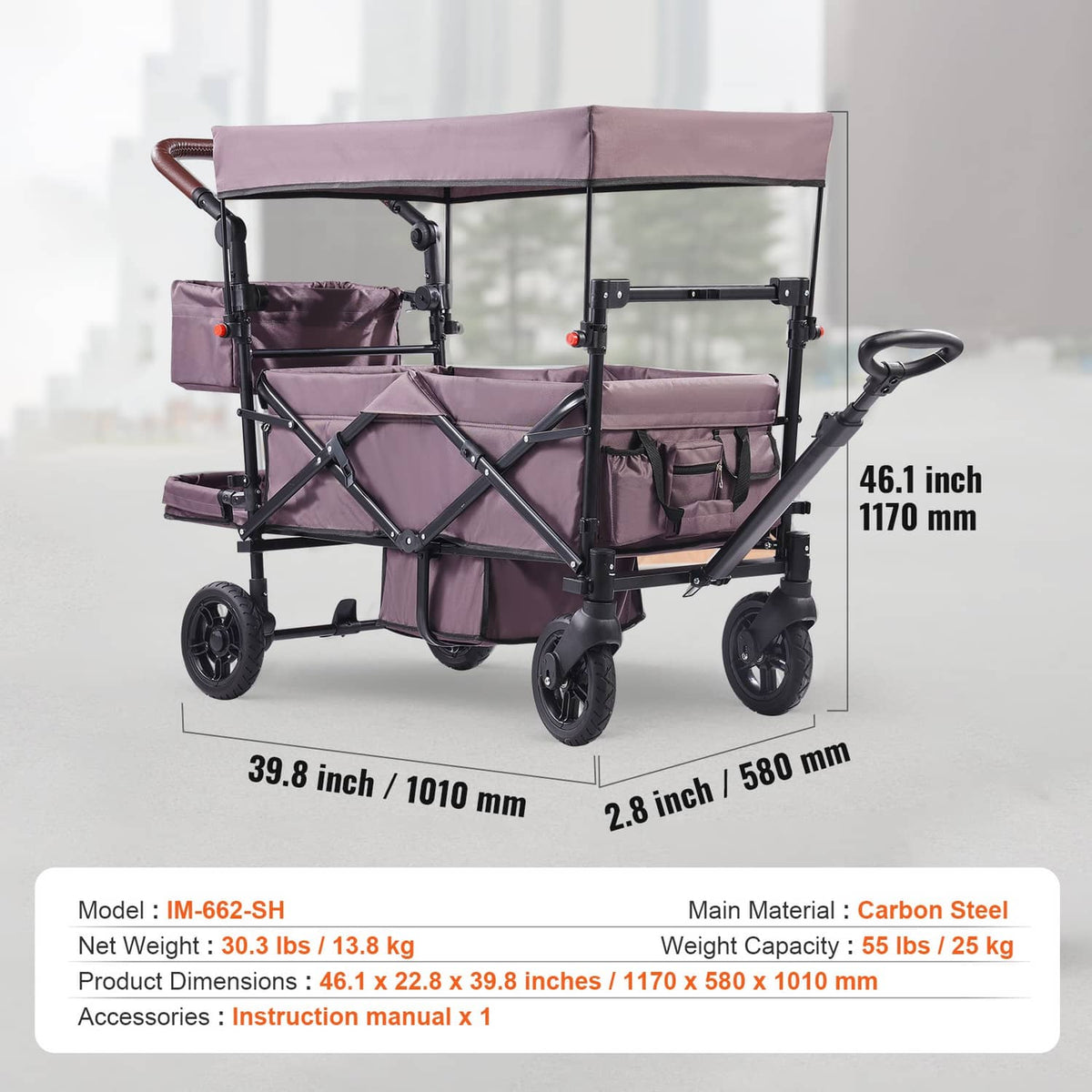 Purple double wagon stroller with canopy, two-seat bench, mesh side pockets, four wheels