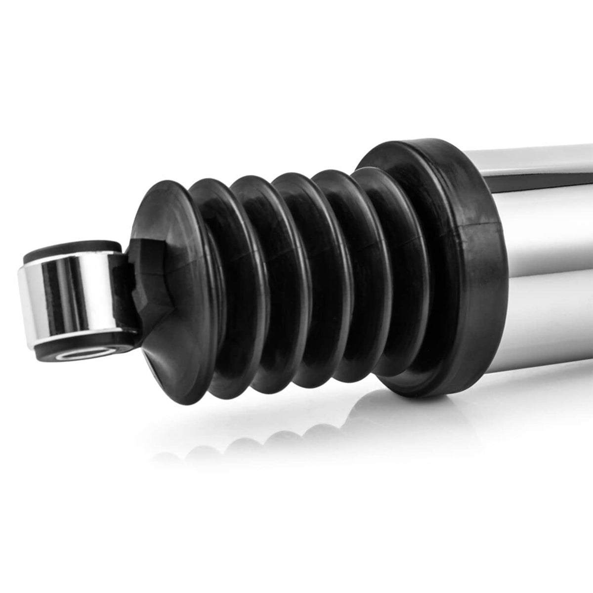 Close-up of rear air shock bellows with black rubber boot on chrome body