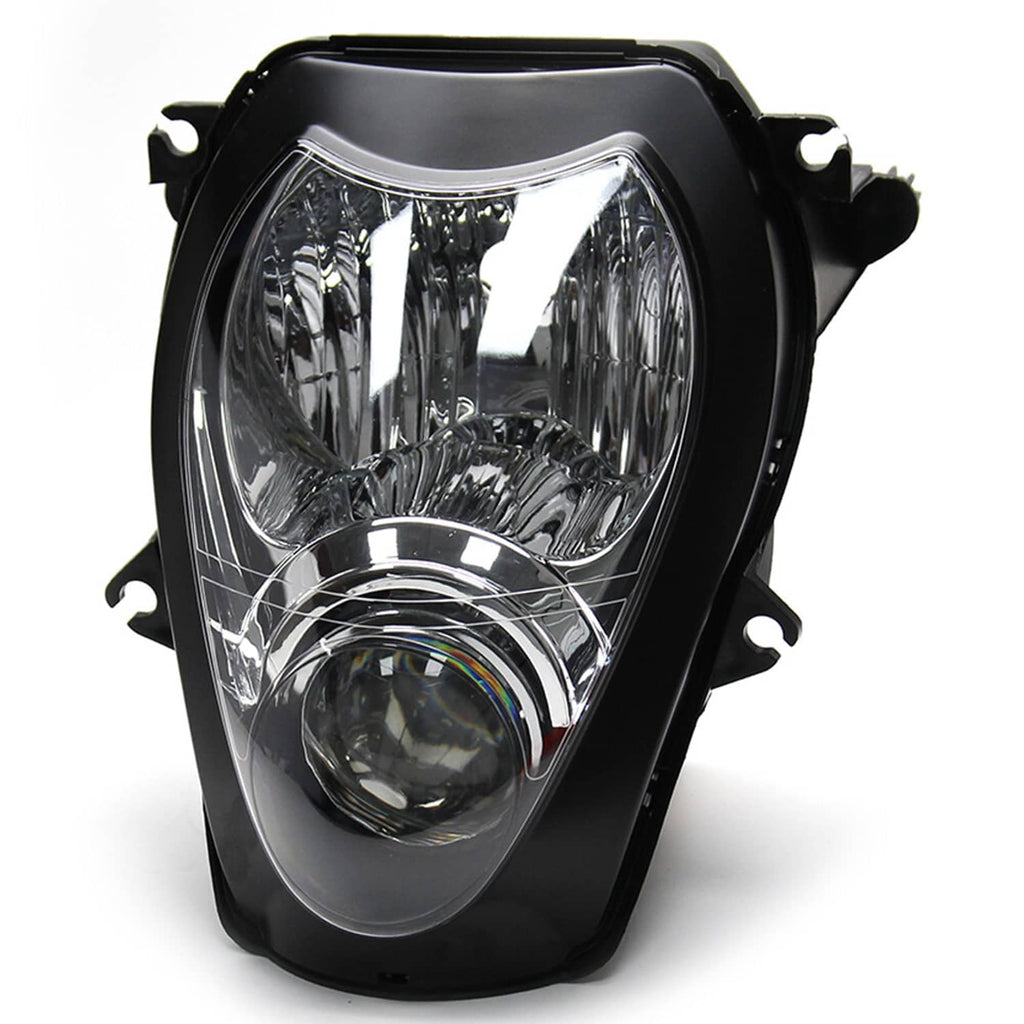 Motorcycle headlight assembly front view with clear lens and round projector bulb