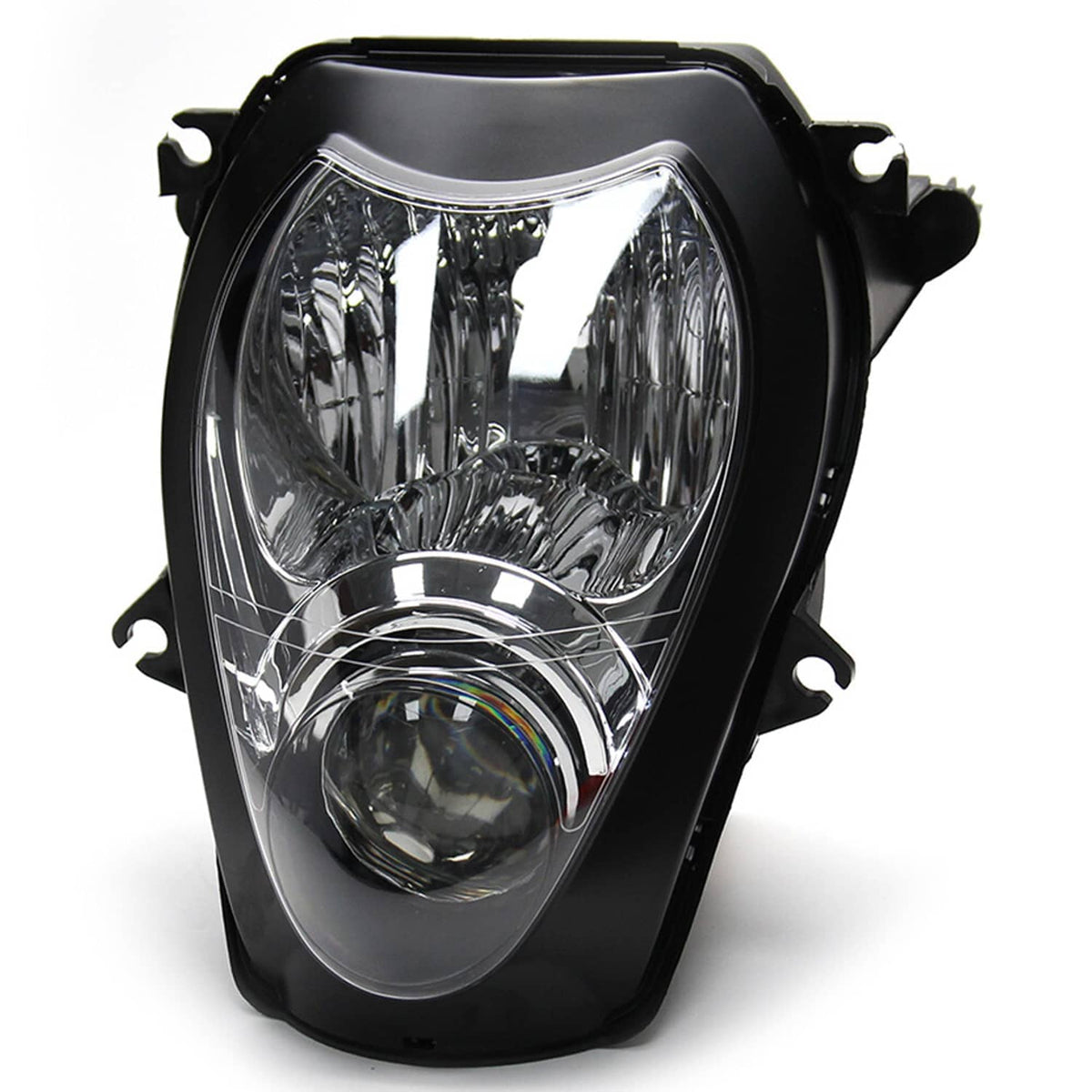 Motorcycle headlight assembly front view with clear lens and round projector bulb