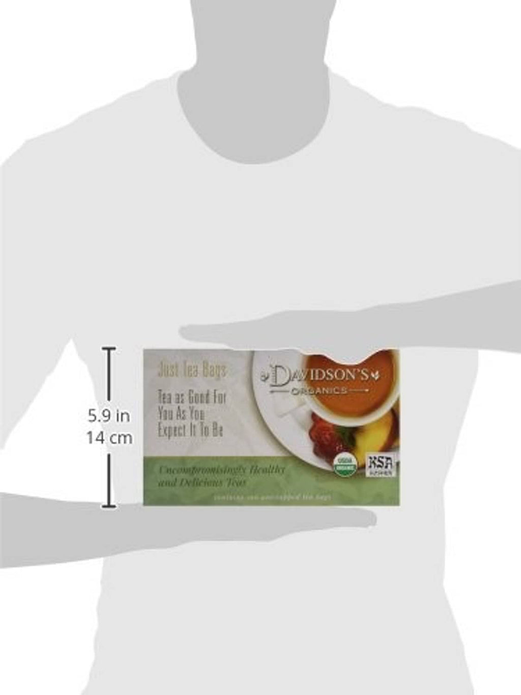 Orange spice tea box size diagram with hand scale, dimensions 5.9 x 14 cm