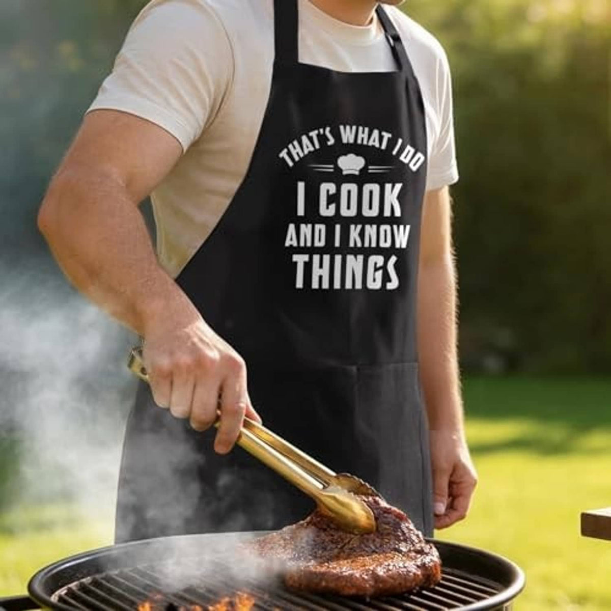 Black cooking apron with “I cook and I know things” slogan, worn while grilling