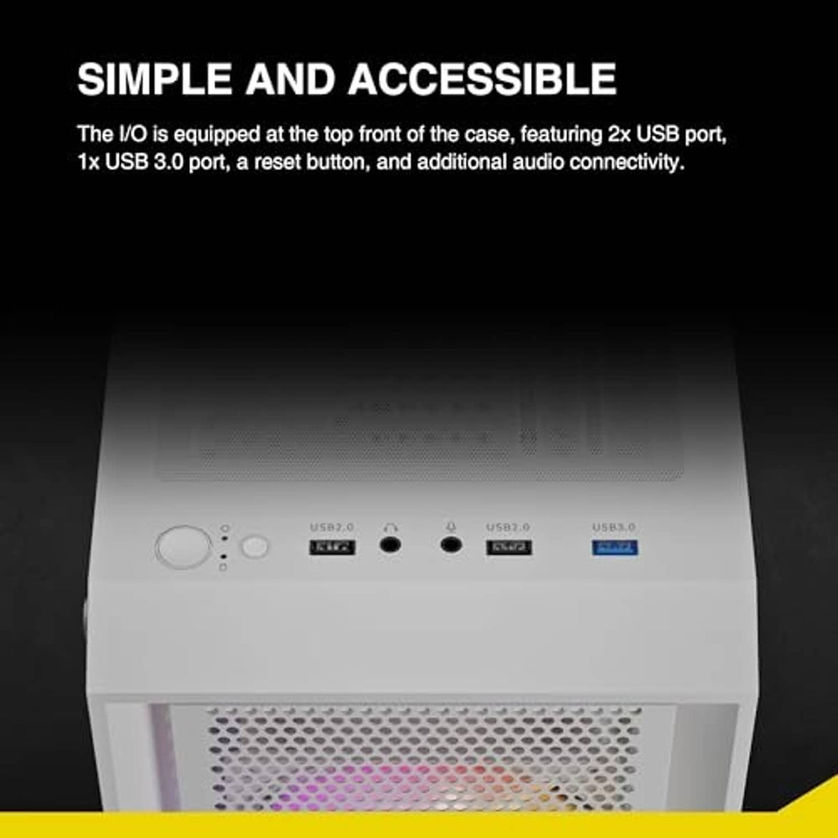 White PC case top-front I/O ports with perforated front mesh intake area