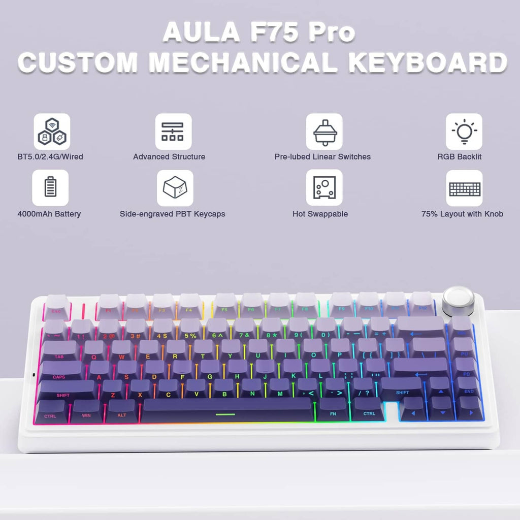 75% mechanical keyboard with white case, RGB-lit keys, and top volume knob