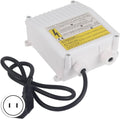 White submersible pump controller box with power cord and round two-prong plug.