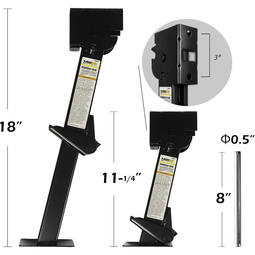 Black swing-down trailer stabilizer jack with dimension diagram and included crank rods