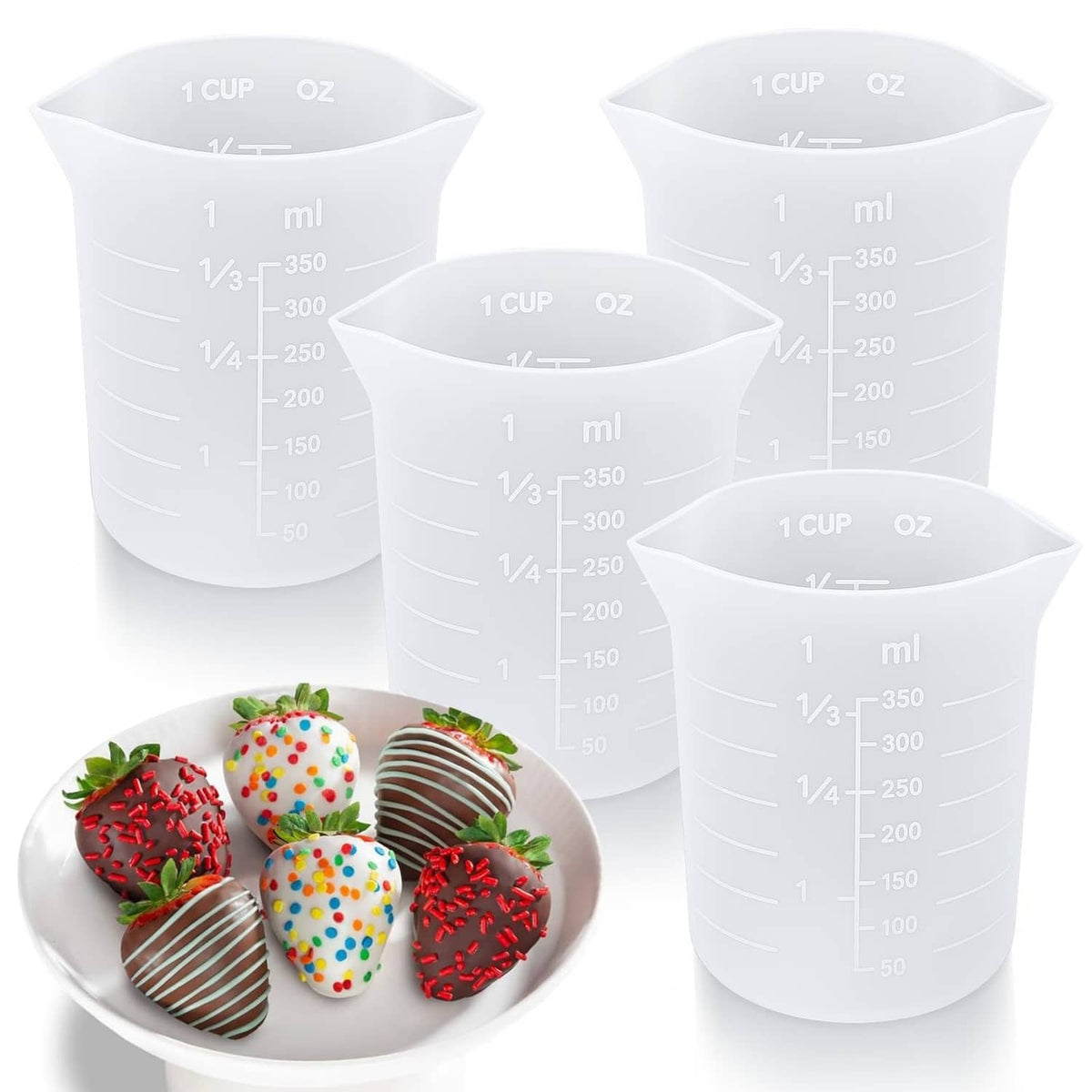 Four white silicone measuring cups with printed ml and ounce measurement lines