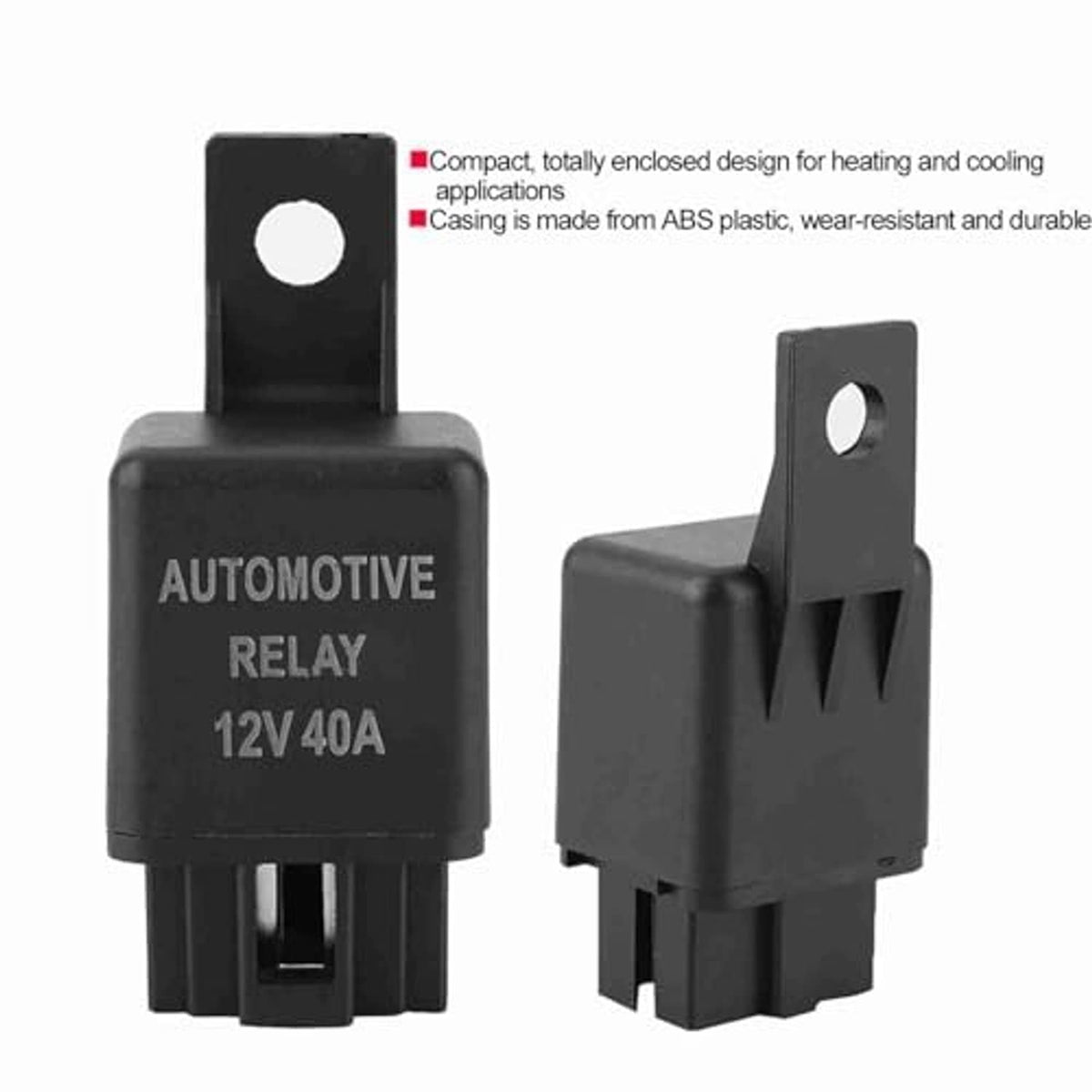 Automotive relay 12V 40A shown from front and side, black ABS housing