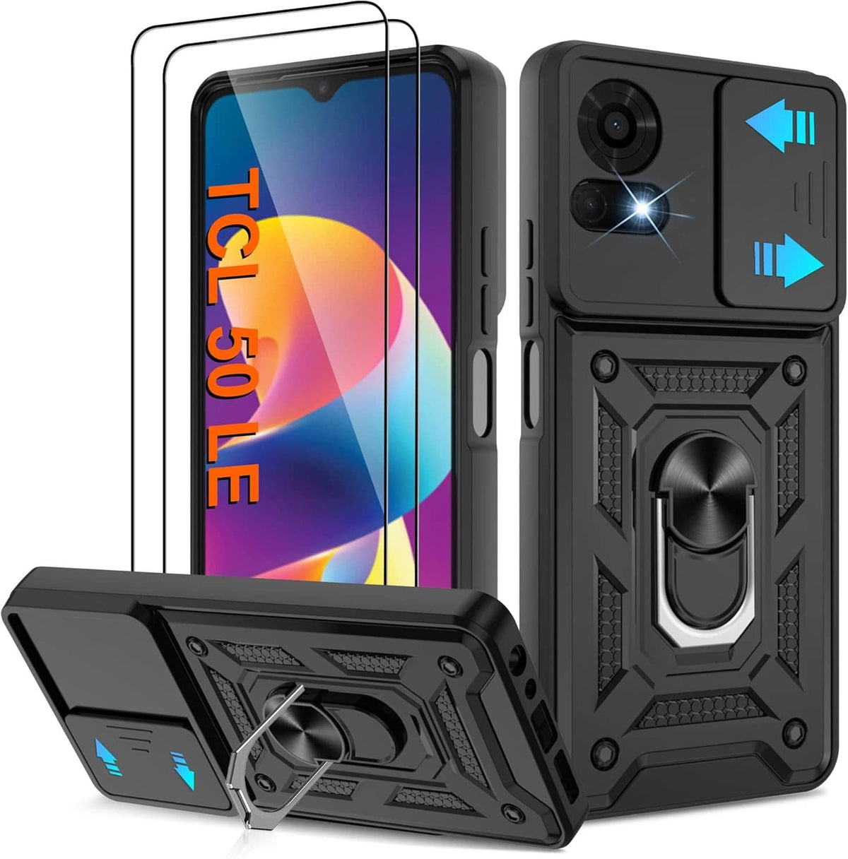 Black rugged phone case for TCL 50 LE with camera cutout and kickstand