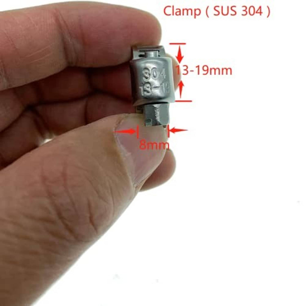 Stainless steel clamp marked 304, 13–19 mm fit, 8 mm width