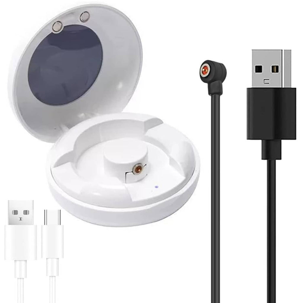 White magnetic smart ring charger case with open lid and black cable with USB connector