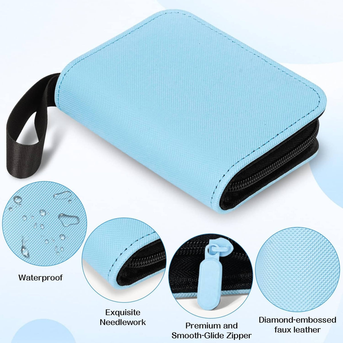 Light blue mini trading card binder with diamond-texture cover and black zipper