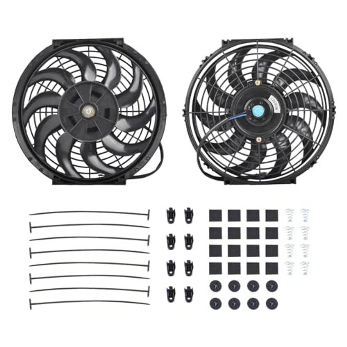 12-inch electric radiator cooling fan kit with two black fans, screws, and mounting brackets