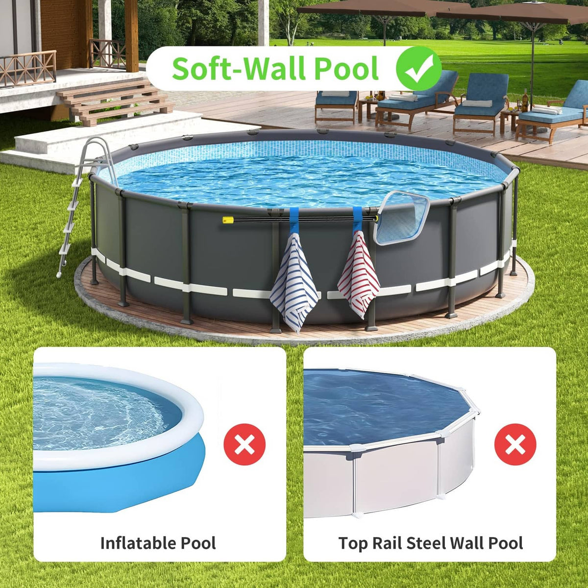 Two-pack pool skimmer net holders, blue U-clips on gray pool rail