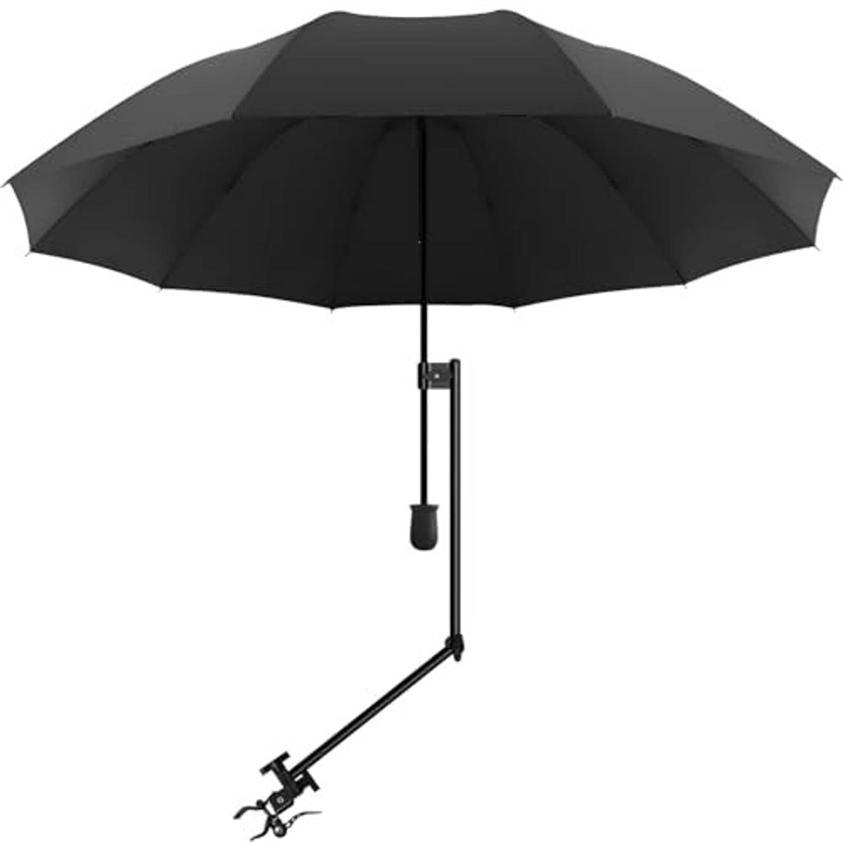 Black beach umbrella canopy with adjustable universal clamp and long crank arm