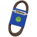 Brown rubber replacement drive belt in Stens blue label sleeve, loop shape