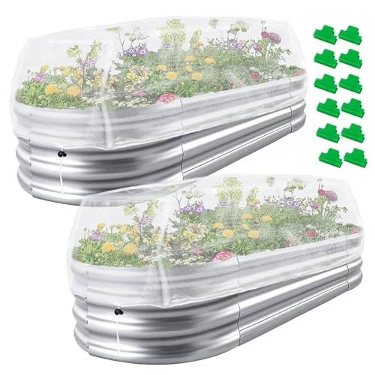 2-pack raised bed netting covers, clear mesh on raised bed, with green corner clips