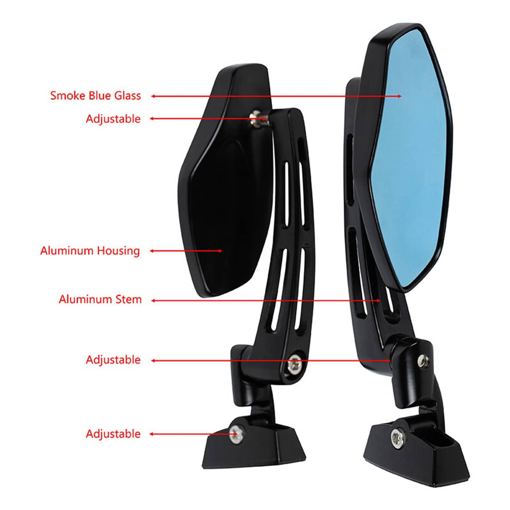 Black adjustable motorcycle mirrors with smoke blue glass, aluminum housing and stem