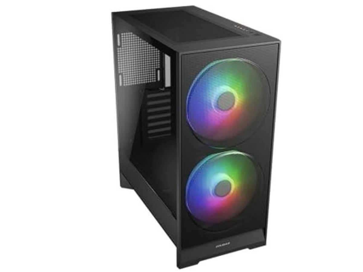 Black ATX mid-tower case with side mesh panel and two rainbow RGB fans
