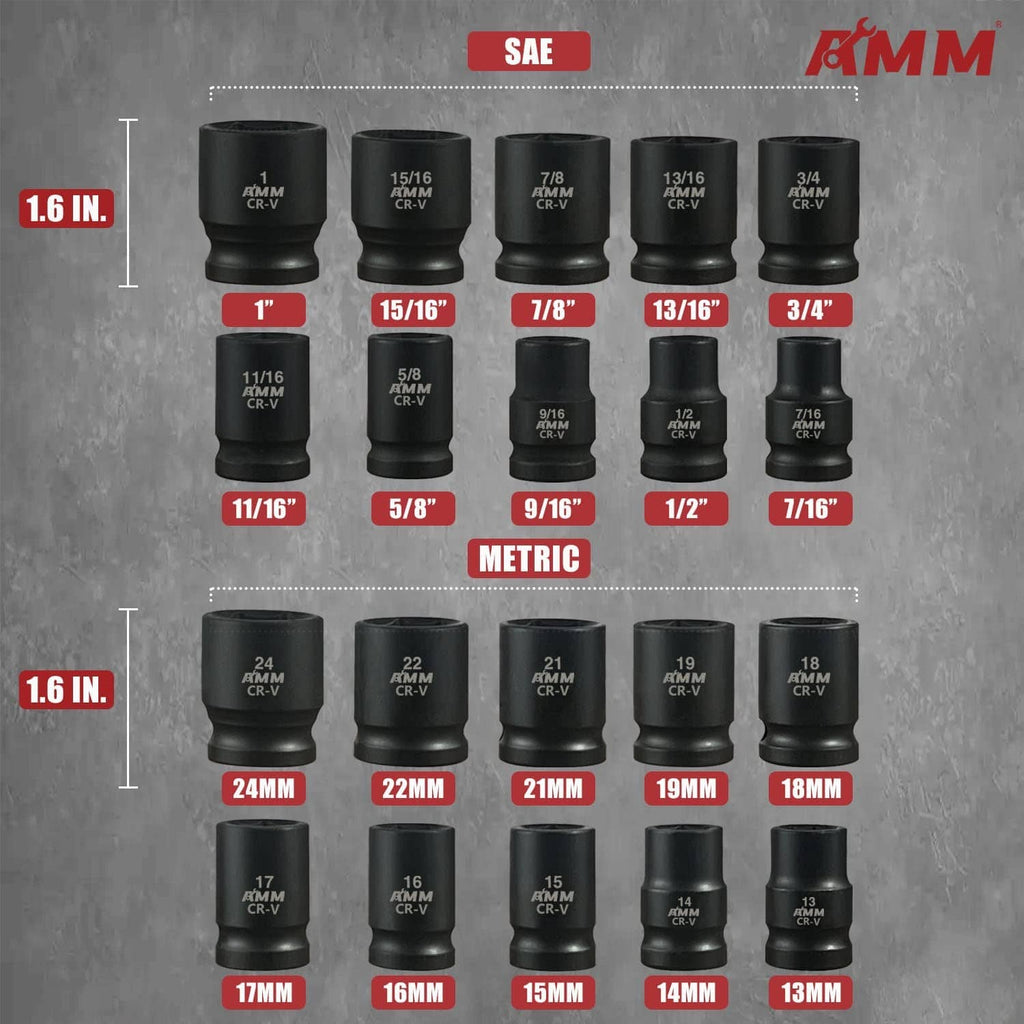 Black impact socket set showing SAE and metric sizes in rows