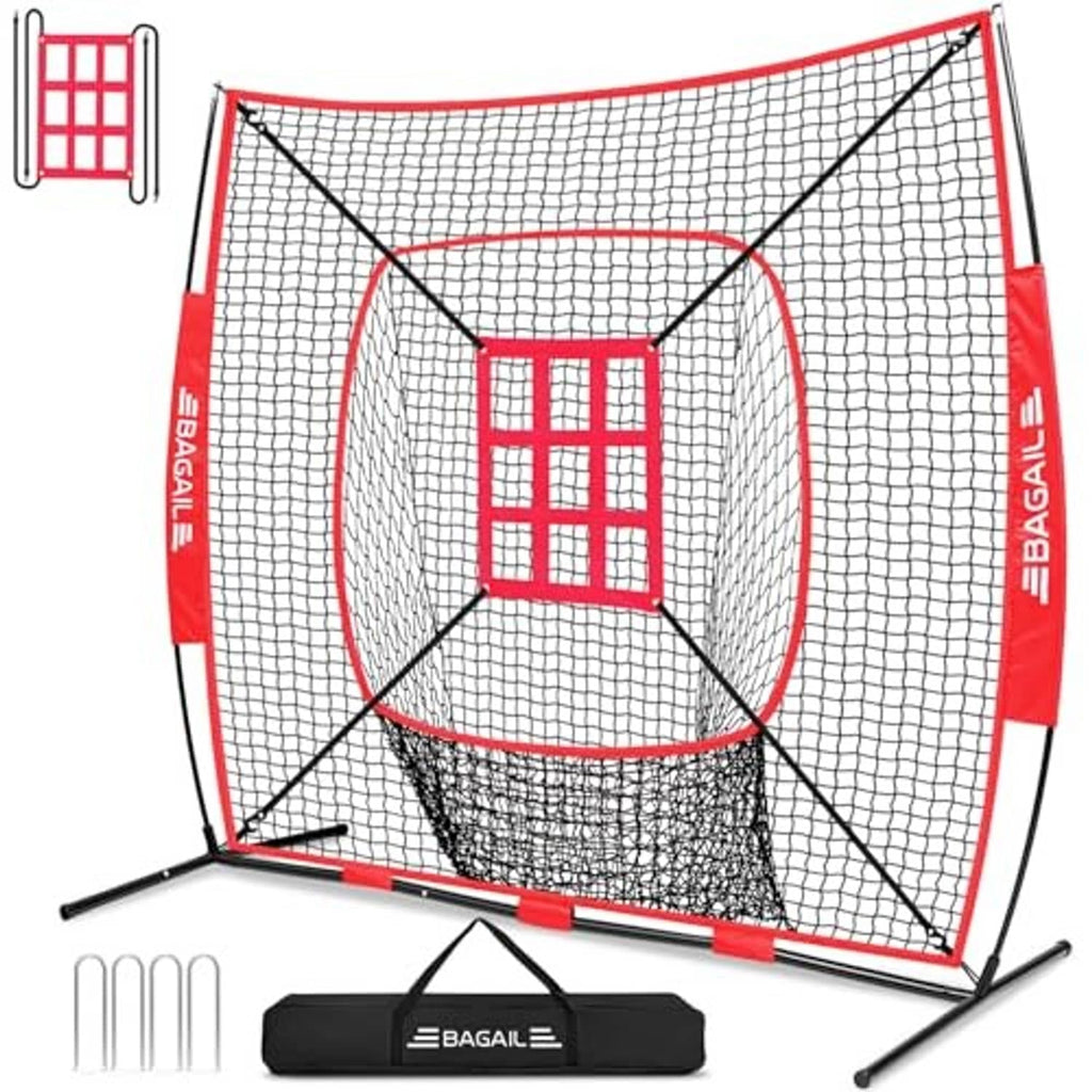 Red-framed strike zone practice net with front target panel and support legs