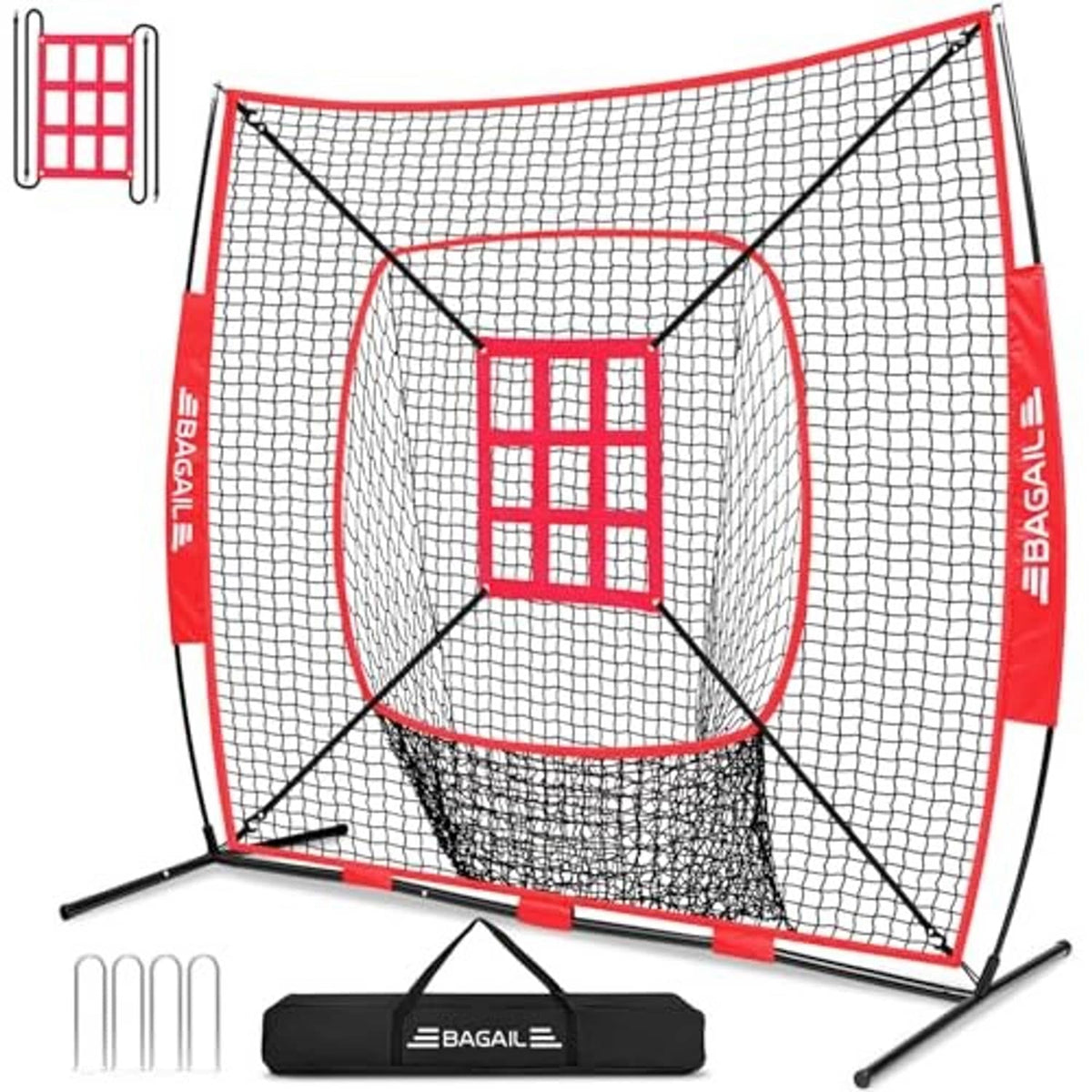 Red-framed strike zone practice net with front target panel and support legs