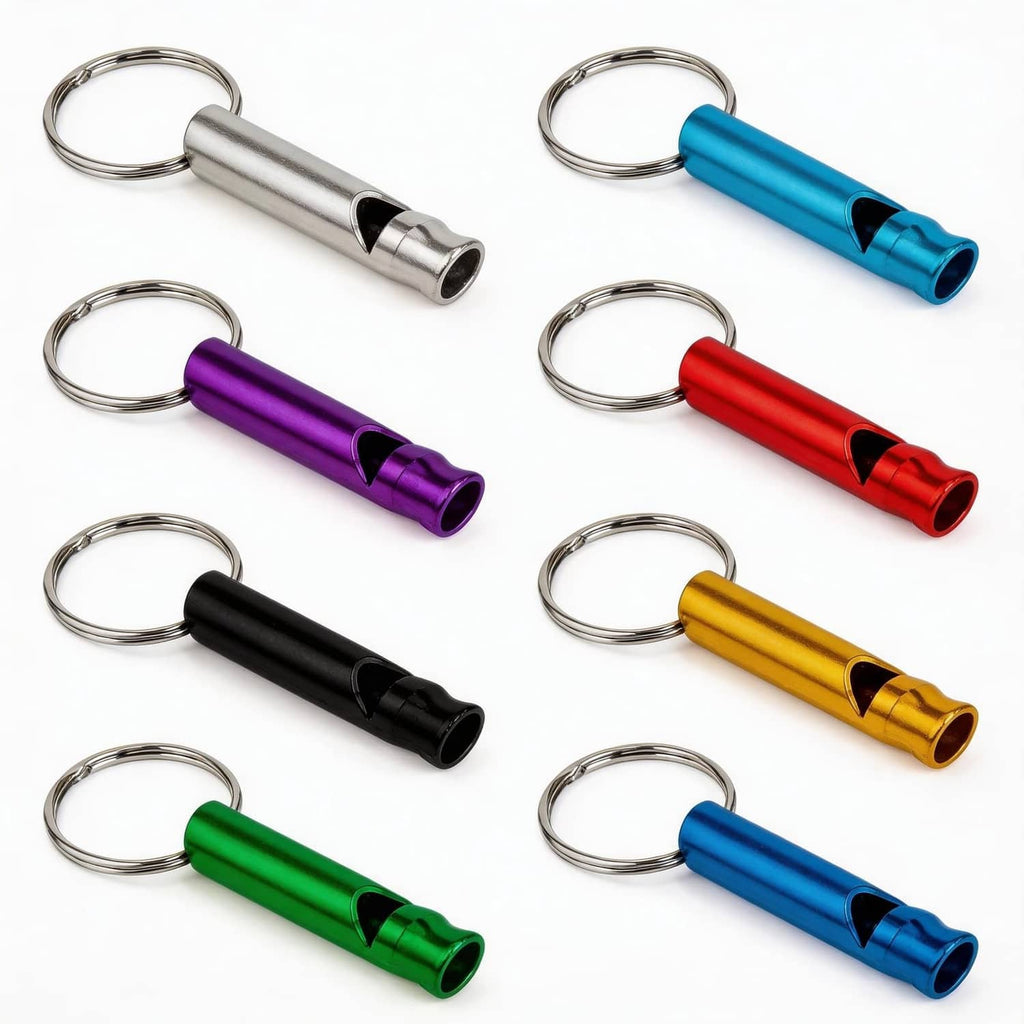 Multicolor aluminum signal whistle keychains with metal rings, multiple whistles shown