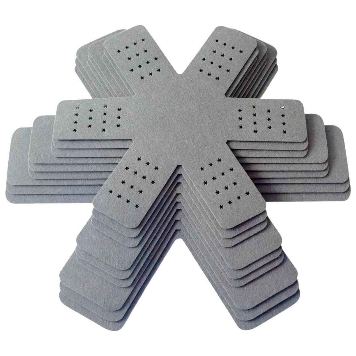 Gray felt pot and pan protectors, stacked pads with star-dot perforations (set).