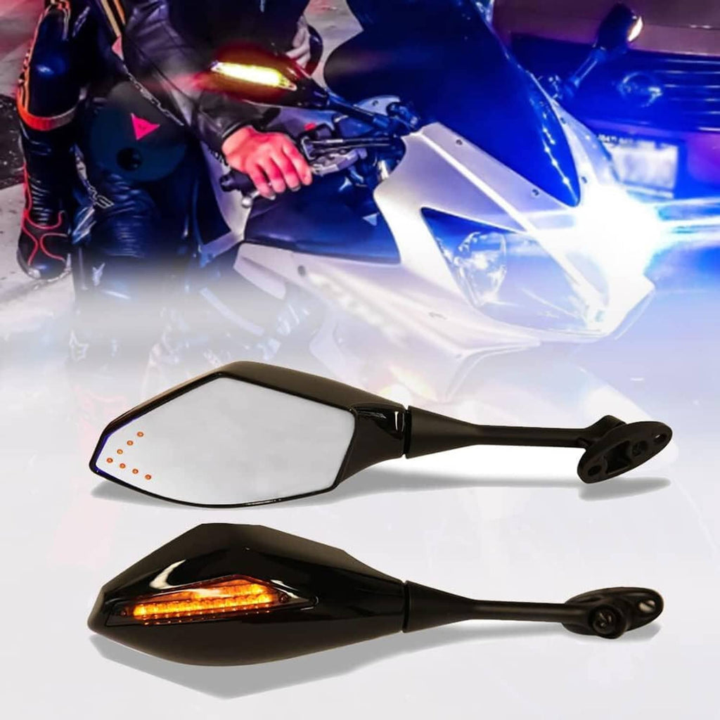 Black LED turn signal motorcycle side mirror with amber running light illuminated