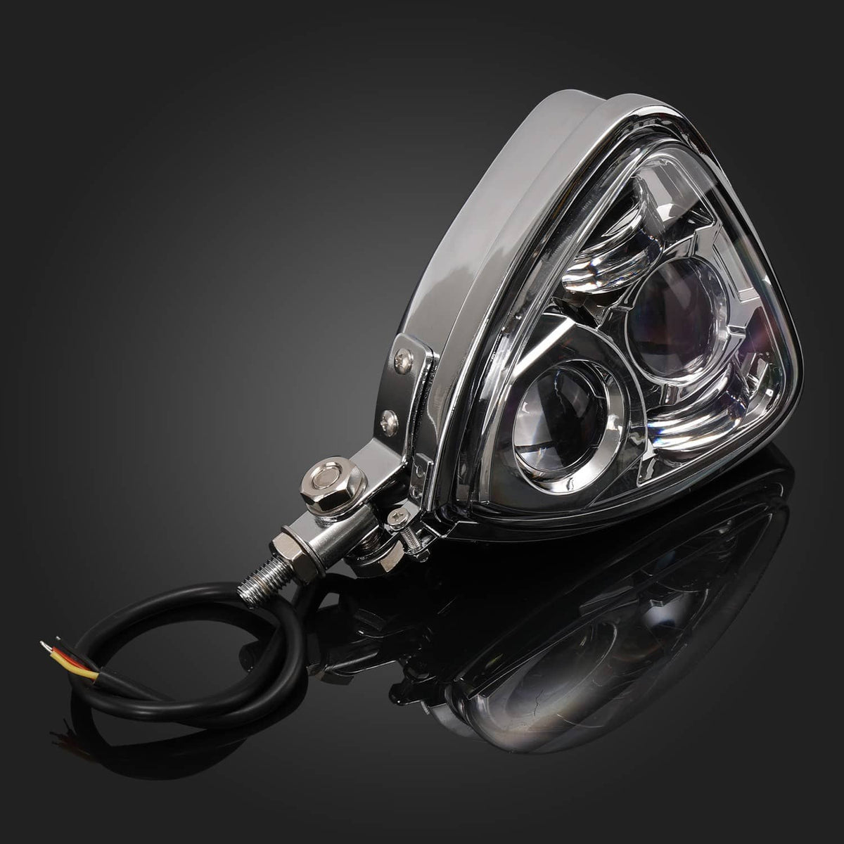 Triangular front motorcycle headlight with chrome bezel, wiring and mounting bracket