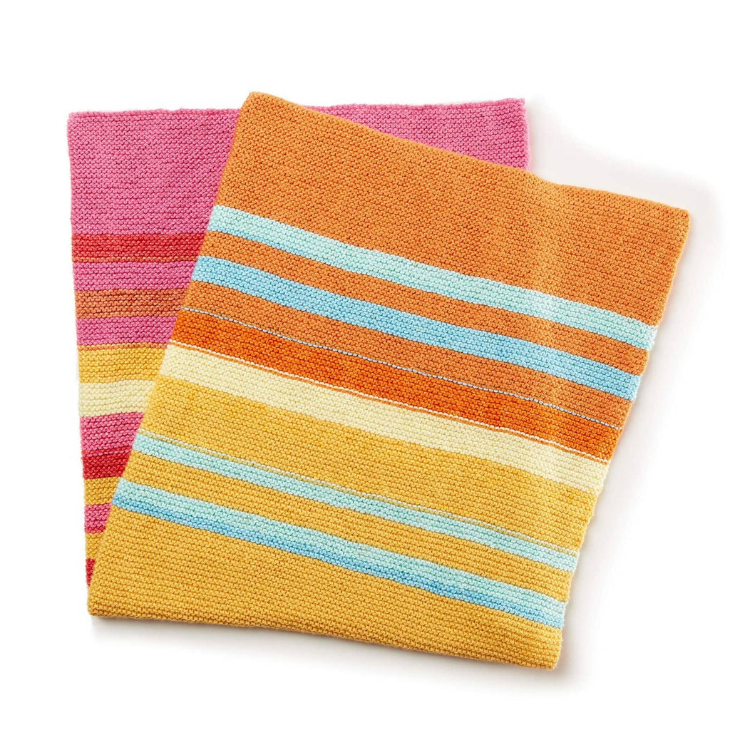 Striped knitted fabric swatch with pink, orange, yellow, and teal stripes