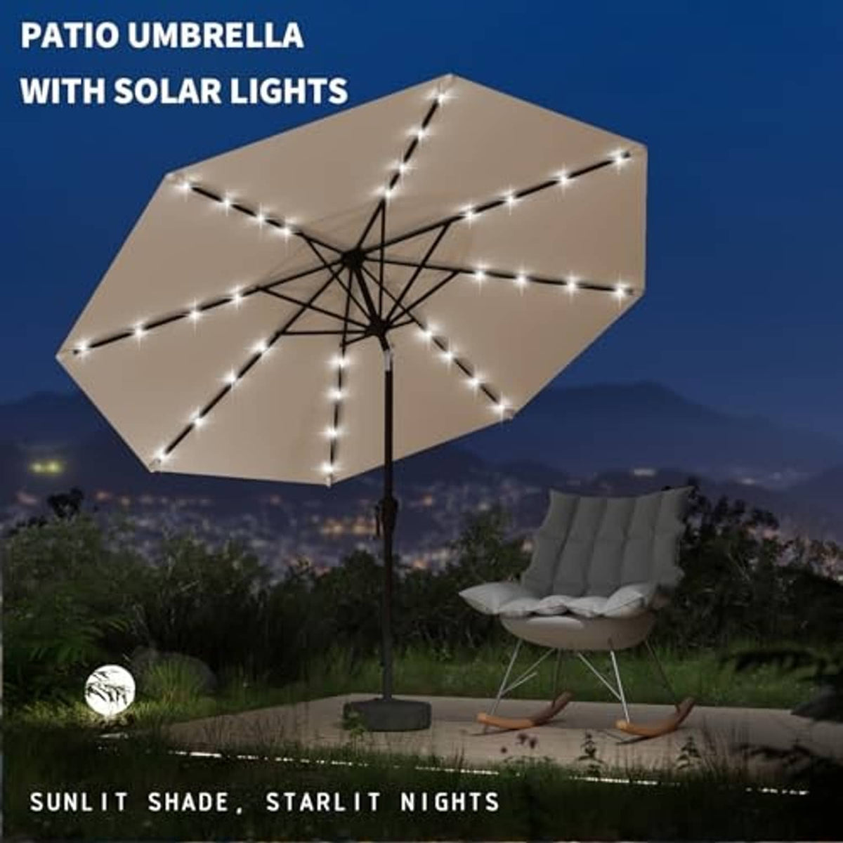 Beige patio umbrella with solar LED lights, black ribs and central star hub