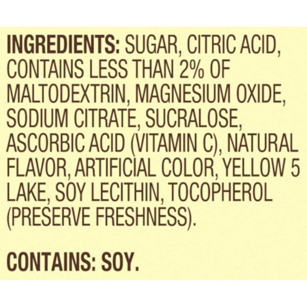 Ingredients list for lemonade drink mix: sugar, citric acid, sucralose, vitamin C