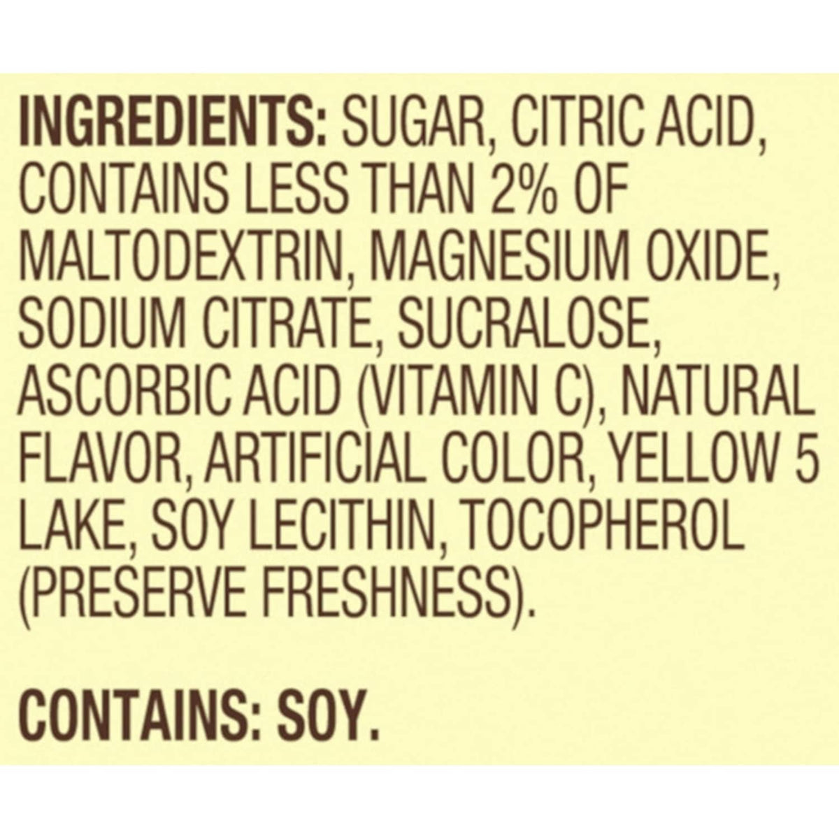 Ingredients list for lemonade drink mix: sugar, citric acid, sucralose, vitamin C