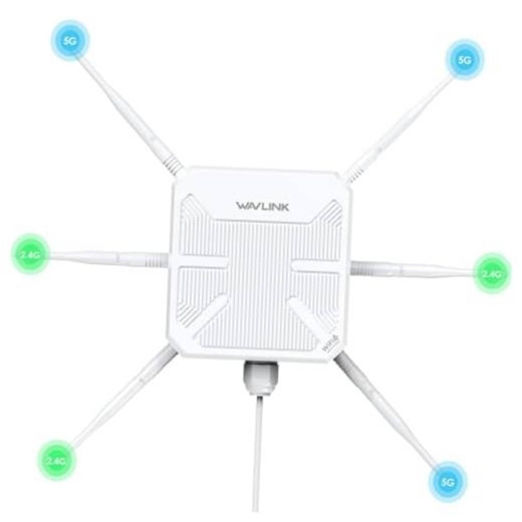 White outdoor Wi‑Fi 6 extender with four antennas, front view
