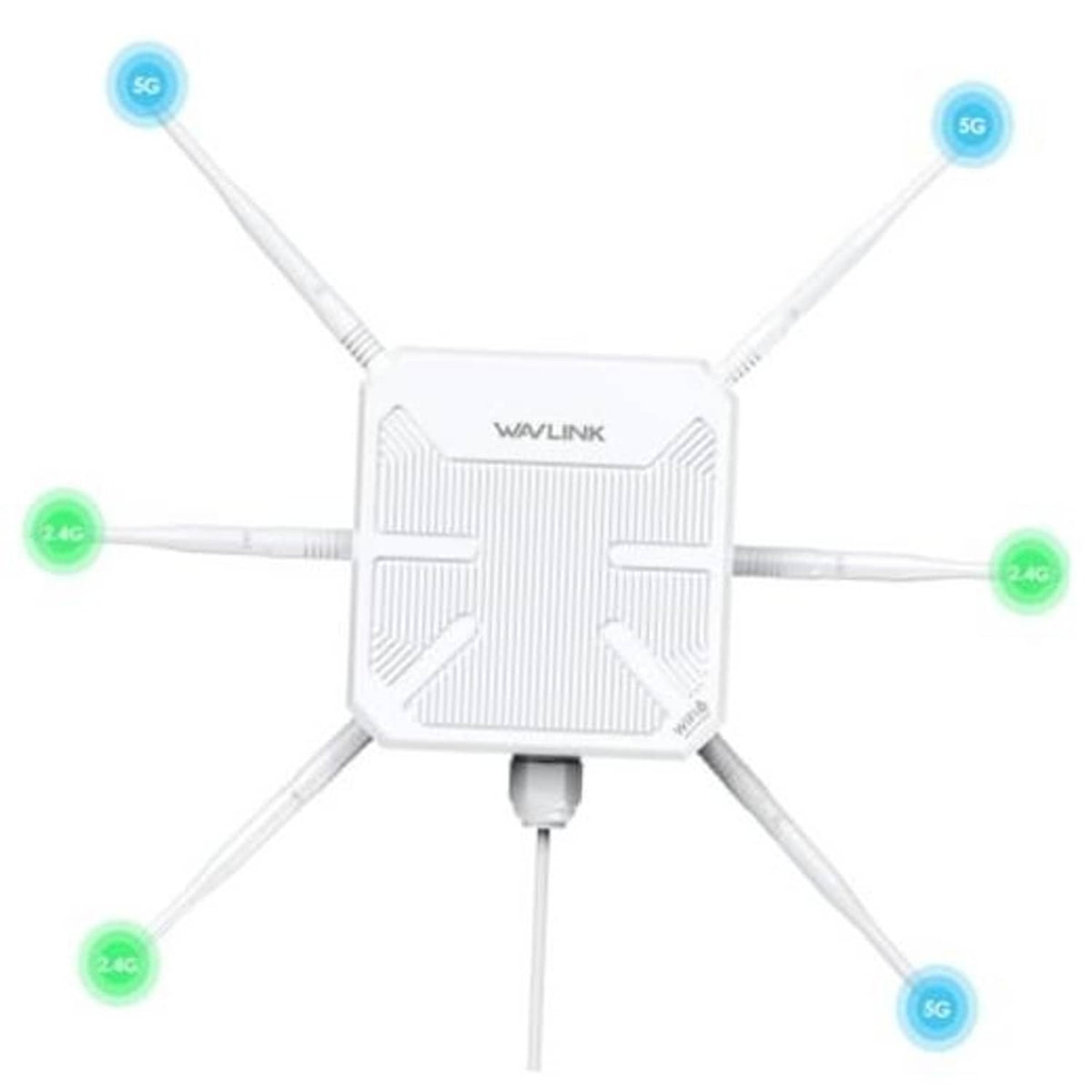 White outdoor Wi‑Fi 6 extender with four antennas, front view