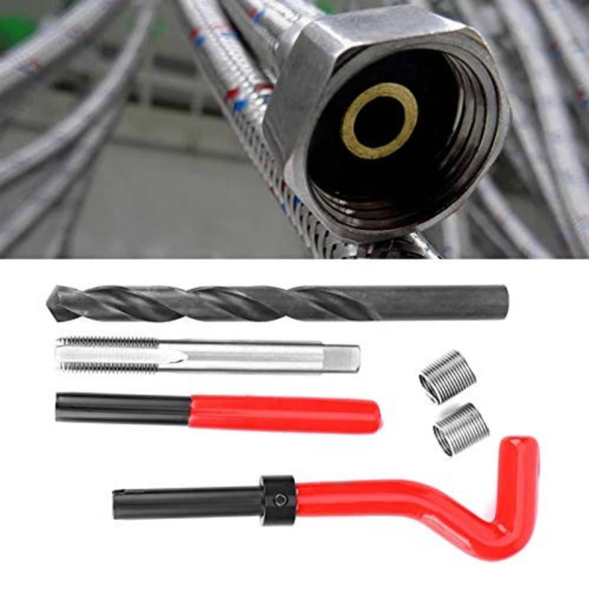 Thread repair kit tools: drill bit, tap, red handle, and metal thread inserts
