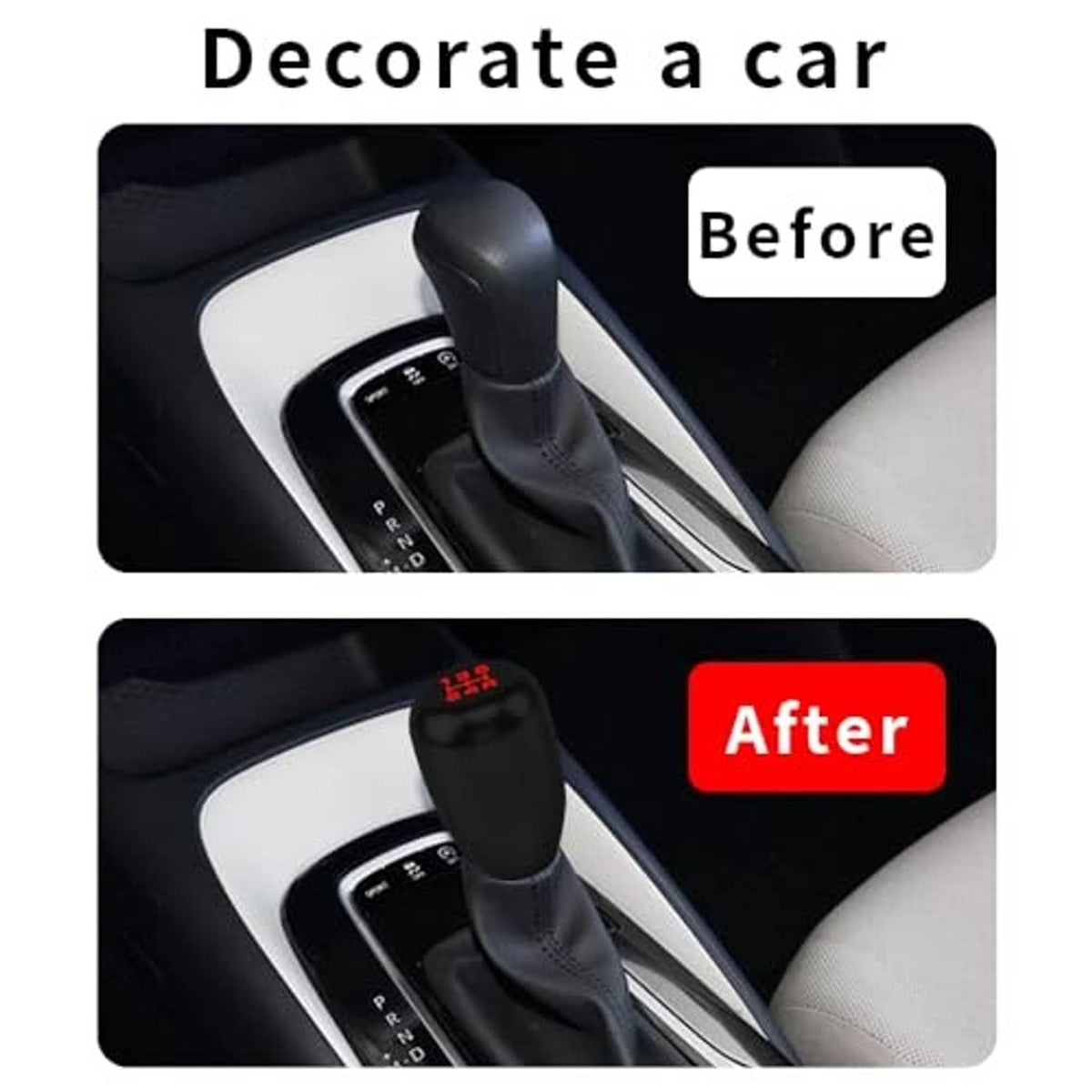 Black manual 5-speed gear shift knob installed on a car shifter with red markings