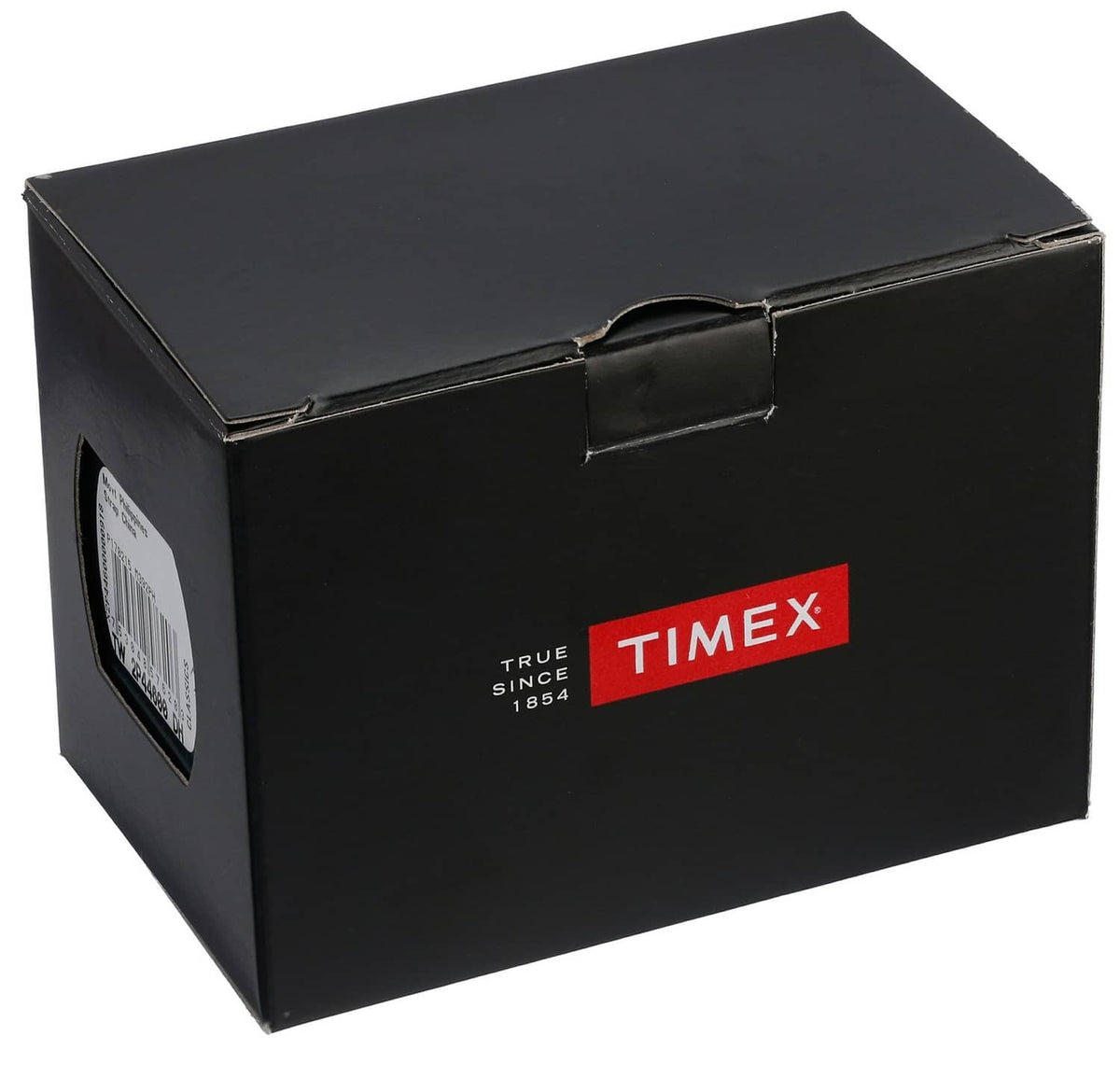 Black Timex watch gift box with red logo and openable lid