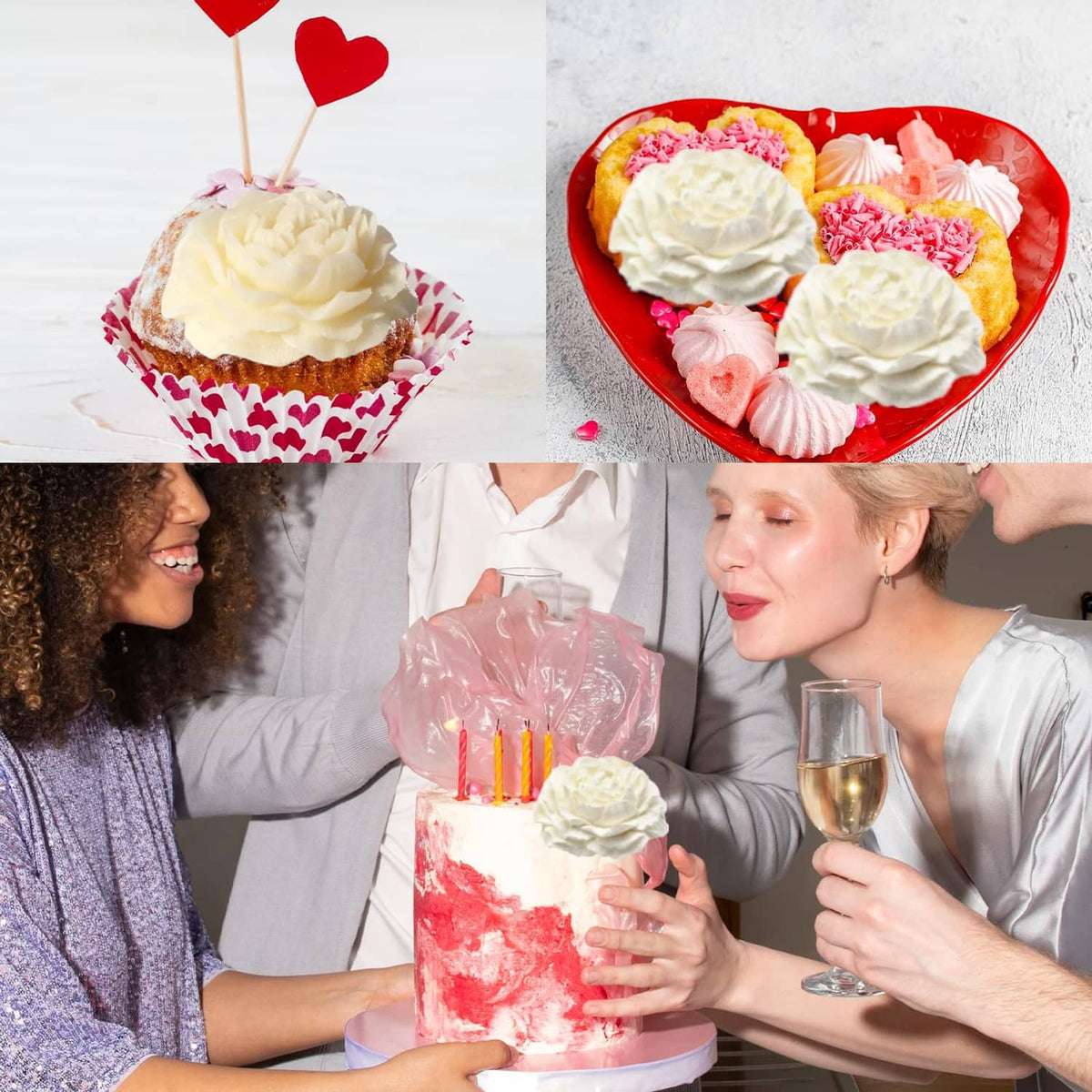 Cream peony-style flower candles in a heart tray and cupcake holder
